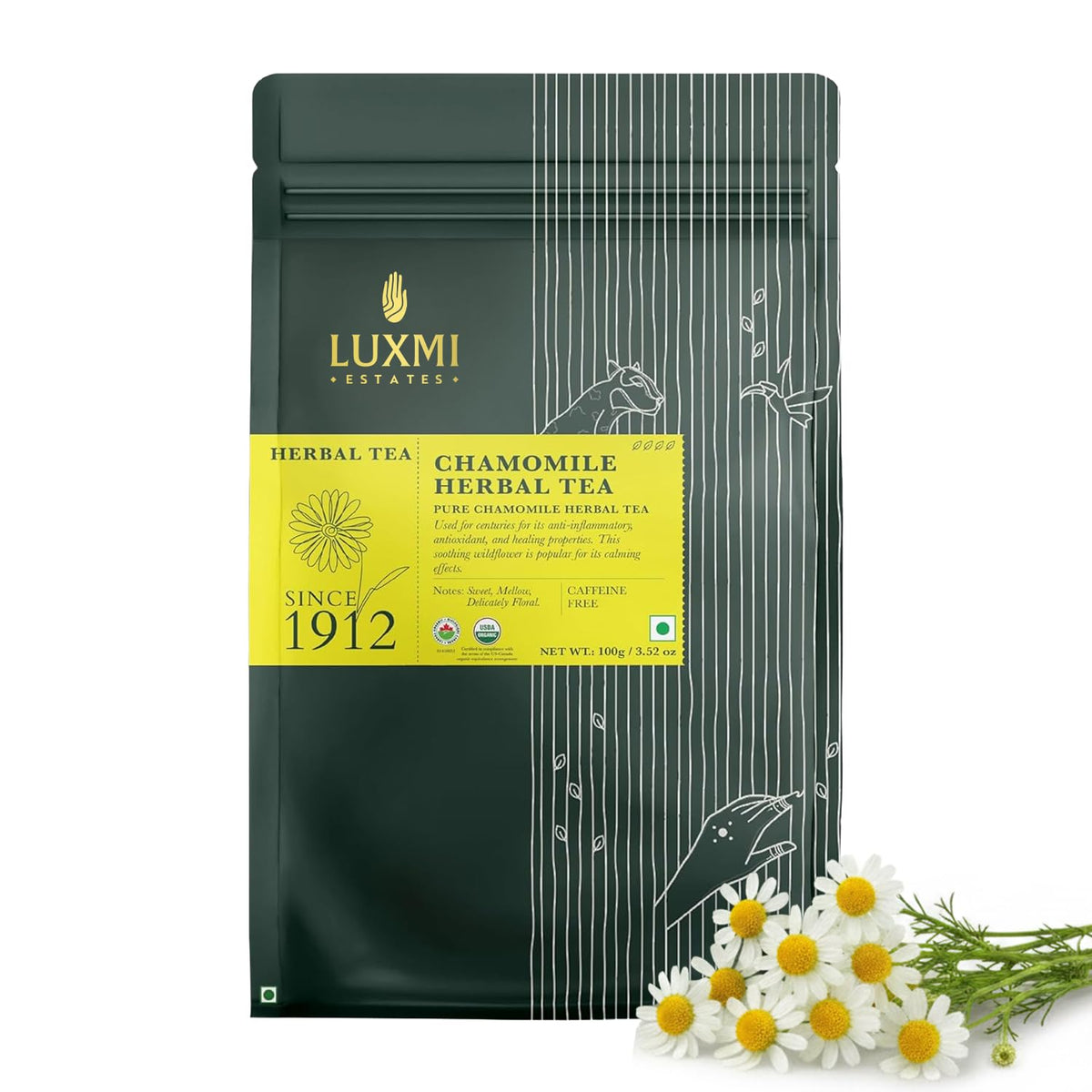 Luxmi Estates Pure Chamomile Tea, Loose Leaf, 100g (3.52oz, ~50 Cups) | USDA Organic Whole Chamomile Flowers | Single-Ingredient Caffeine-Free Herbal Infusion | Vegan, Non-GMO Bulk Pack