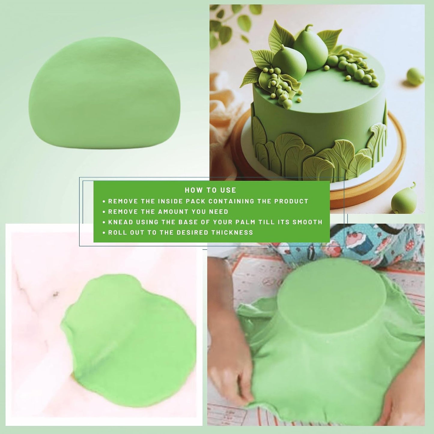 Confect Pea Green Fondant for Cake Decorating | Smooth &amp; Ready-to-Use Icing for Christmas Cakes, Cupcakes &amp; Holiday Treats | Vegan, Gluten-Free, Nut-Free, Palm Oil-Free – 8.8 Oz