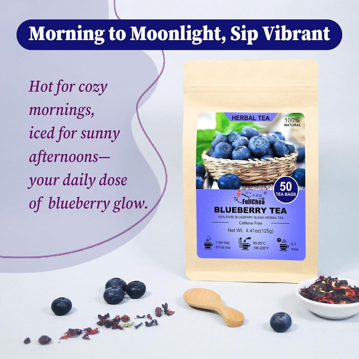 FullChea - Blueberry Tea Bags, 50 Count, Fruit Blend Herbal Tea | Blueberry blend with hibiscus, raisins and mint leaves, rich in natural goodness with a delightful fruity taste