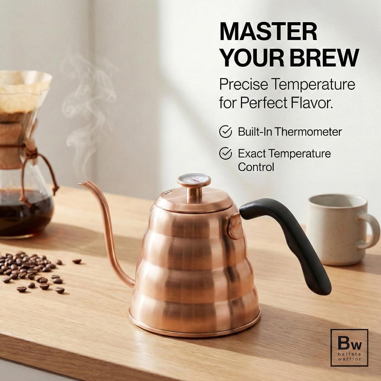 Barista Warrior Gooseneck Kettle with Thermometer - 1.2L Pour Over Coffee &amp; Tea Kettle, Copper Coated Stainless Steel Gooseneck Kettle Pot, Precision Pour Drip Spout, Suitable for All-Stoves (40 floz)