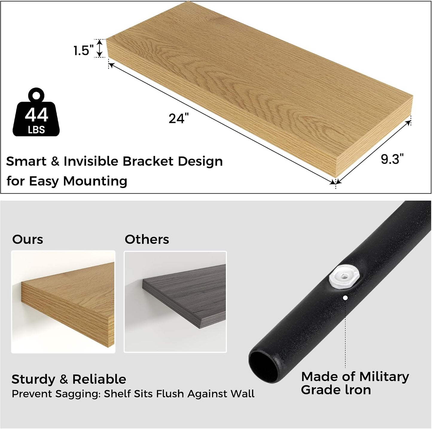 24 Inch Floating Shelves for Wall, 9"D Wood Storage Shelves, Oak Finish