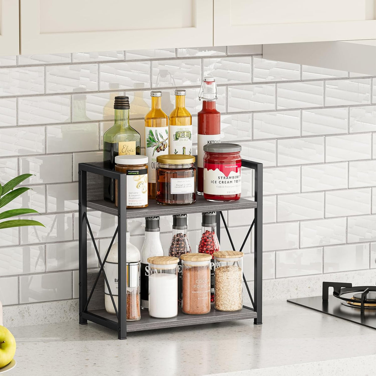 Giikin Countertop Shelf Organizer, 2 Tier Coffee Organizer for Desktop, Grey Counter Shelf Spice Rack for Kitchen (Grey, M)