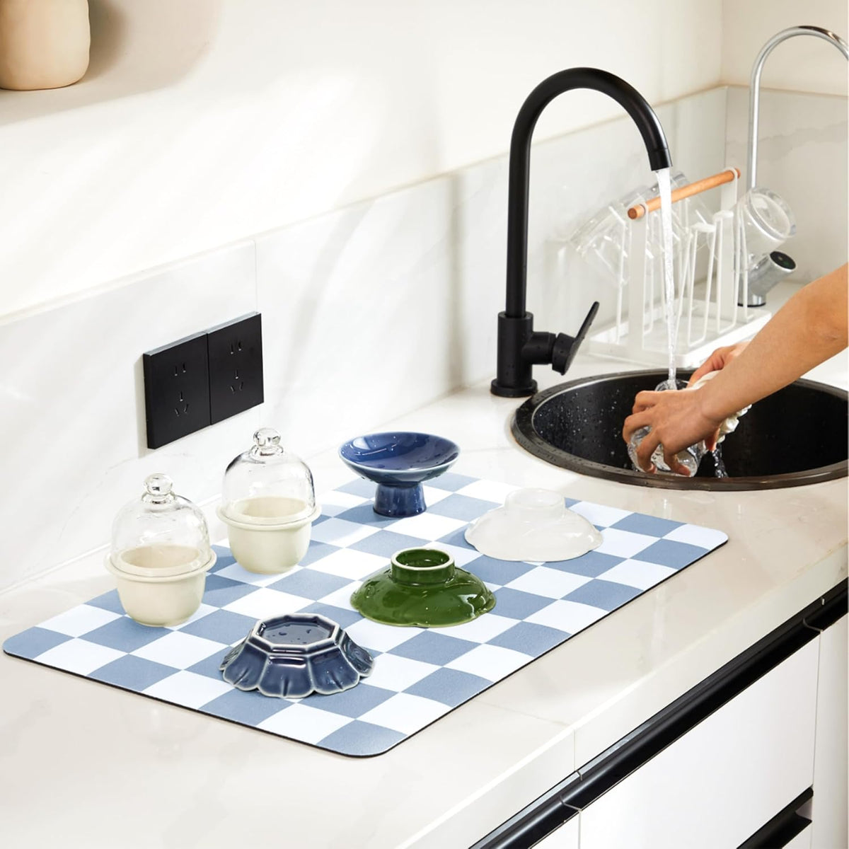Checkered Dish Drying Mat for Kitchen Counter, Coffee Bar, Coffee Station Accessories, Retro Cute Aesthetic Modern Absorbent Drainer Mat Kitchen Drying Mat Easy Clean, Blue 16" x 24"
