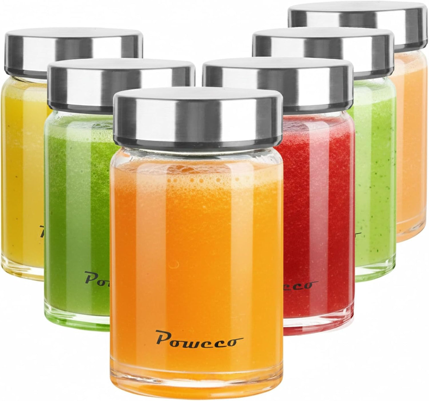 Glass Juice Bottles 6 Pack 10 oz - Wide Mouth Glass Water Bottles with Lids - for Juicing, Protein, Smoothie, Milk, Reusable, BPA Free, Stainless Steel Lids, Blender, Shaker Bottle (300ml)