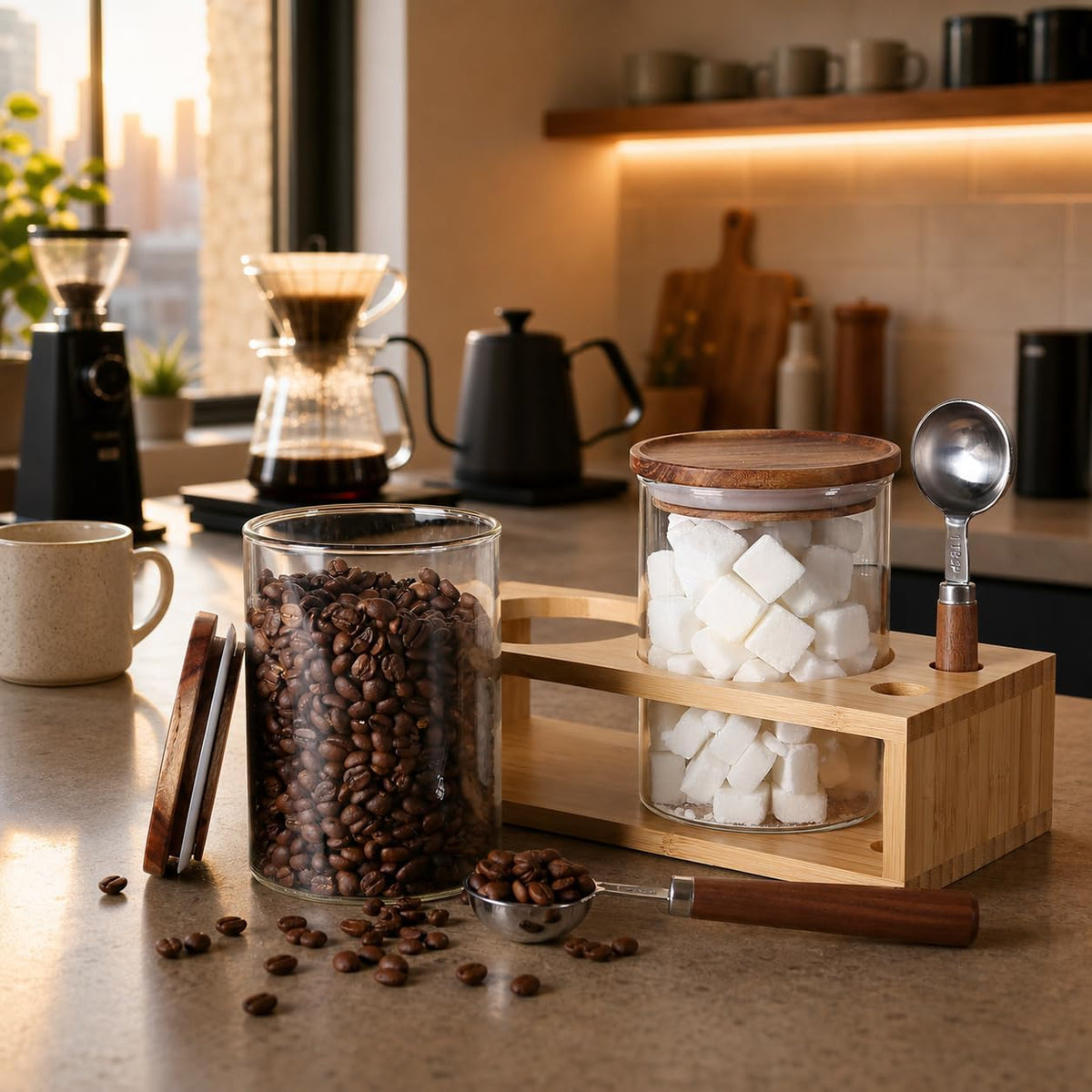 KKC HOME ACCENTS 2 Glass Coffee Canister Set with Bamboo Rack &amp; Scoops-25oz | A complete coffee bar organization set featuring 2 glass jars, airtight lids, wooden-handle scoops, and a bamboo stand.