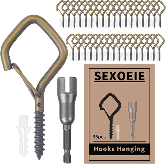 35PCS Eye Screw Hooks for Hanging Heavy Duty with Safety Buckle.Metal Ceiling Hooks for Hanging Plants,Cup,Wind Chime,Bird Feeders,String Lights at Indoor&amp;Outdoor,2.36 Inches Bronze