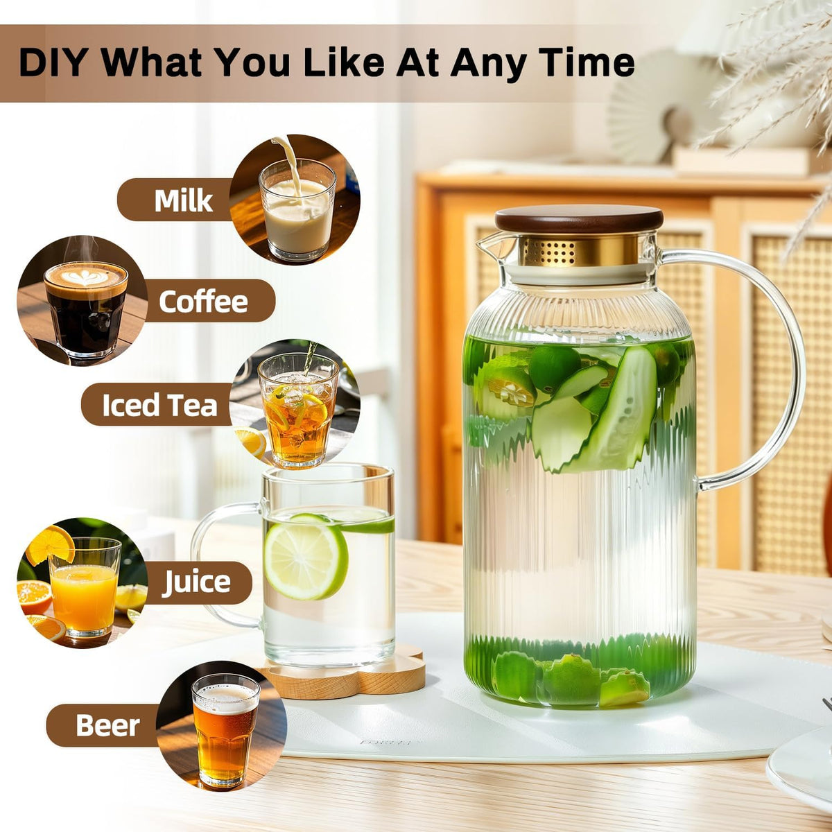 Buaic 2 PACK Glass Pitcher with Lid, 68oz/ 2 Liter Glass Water Pitcher | Classic Vertical Stripes Water Pitcher with Wooden Lids and Widened Handle, Glass Water Carafe for Iced Tea,Beverage,Hot/Cold