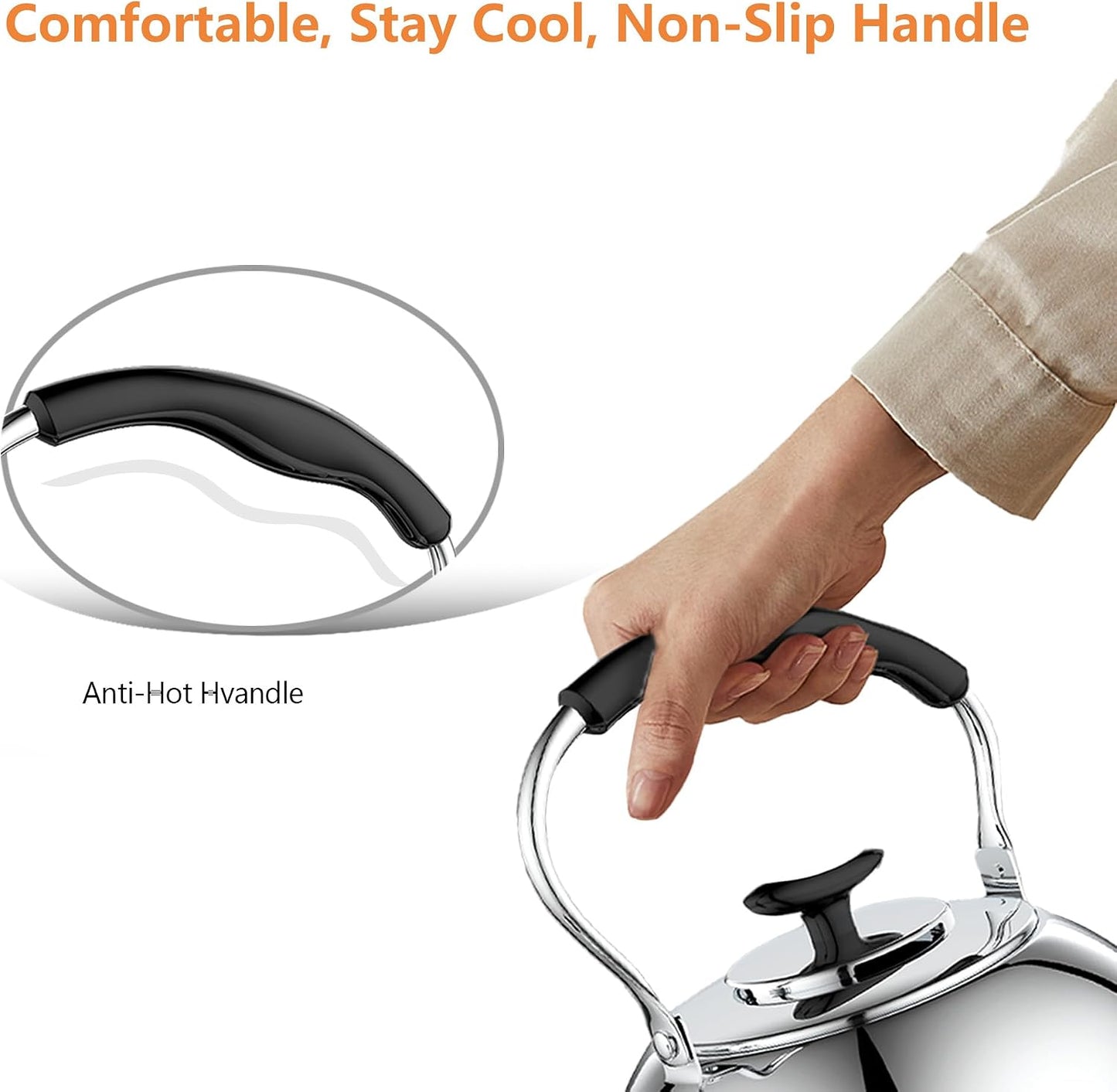 2L Whistling Stovetop Tea Kettle, 304 Food Grade Stainless Steel - Boil Alert Whistle (Not Auto Shutoff), Folding Cool-Touch Handle, Gas/Electric/Ceramic Compatible | Max Safe Fill: 1.6L (6 Cups)