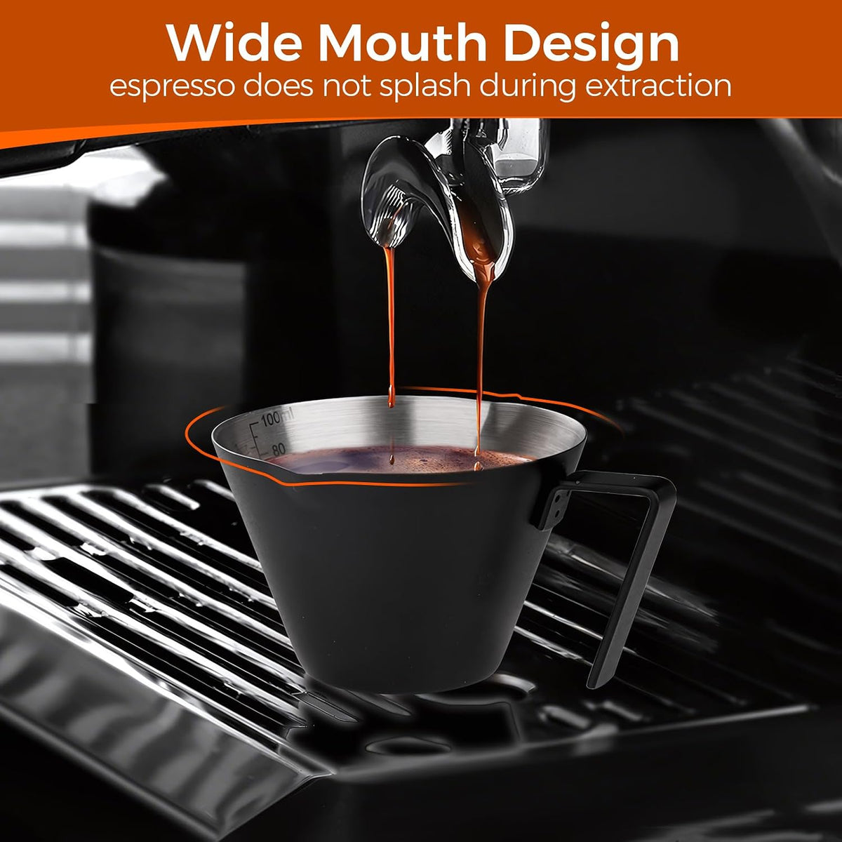 YARRAMATE Stainless Steel Espresso Shot Cup, 3.4oz (Black, 2 Pack) | Heat Insulated Grip, Stackable, Dual-Scale Accuracy, Easy to Rinse Clean, Fits Espresso Maker
