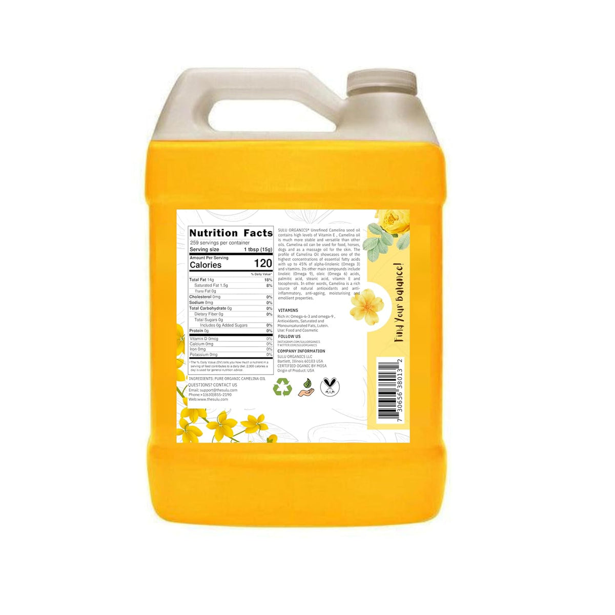 100% Pure Extra Virgin USDA Organic Unrefined Cold Pressed Camelina Seed Oil 1 Gallon (128 FL.OZ)-Great oil for Cooking