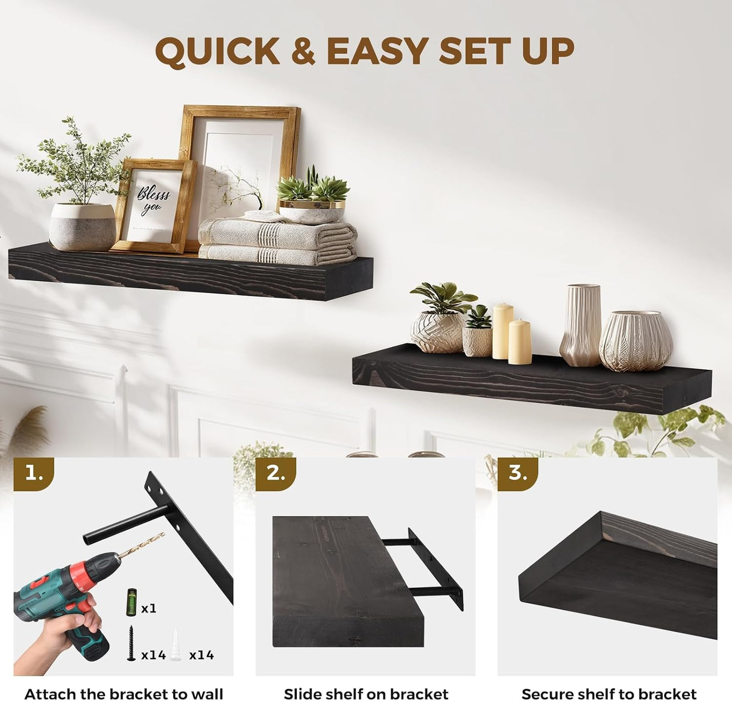 Solid Wood Floating Shelves, 24 Inch Wall Shelves, Set of 2, Black