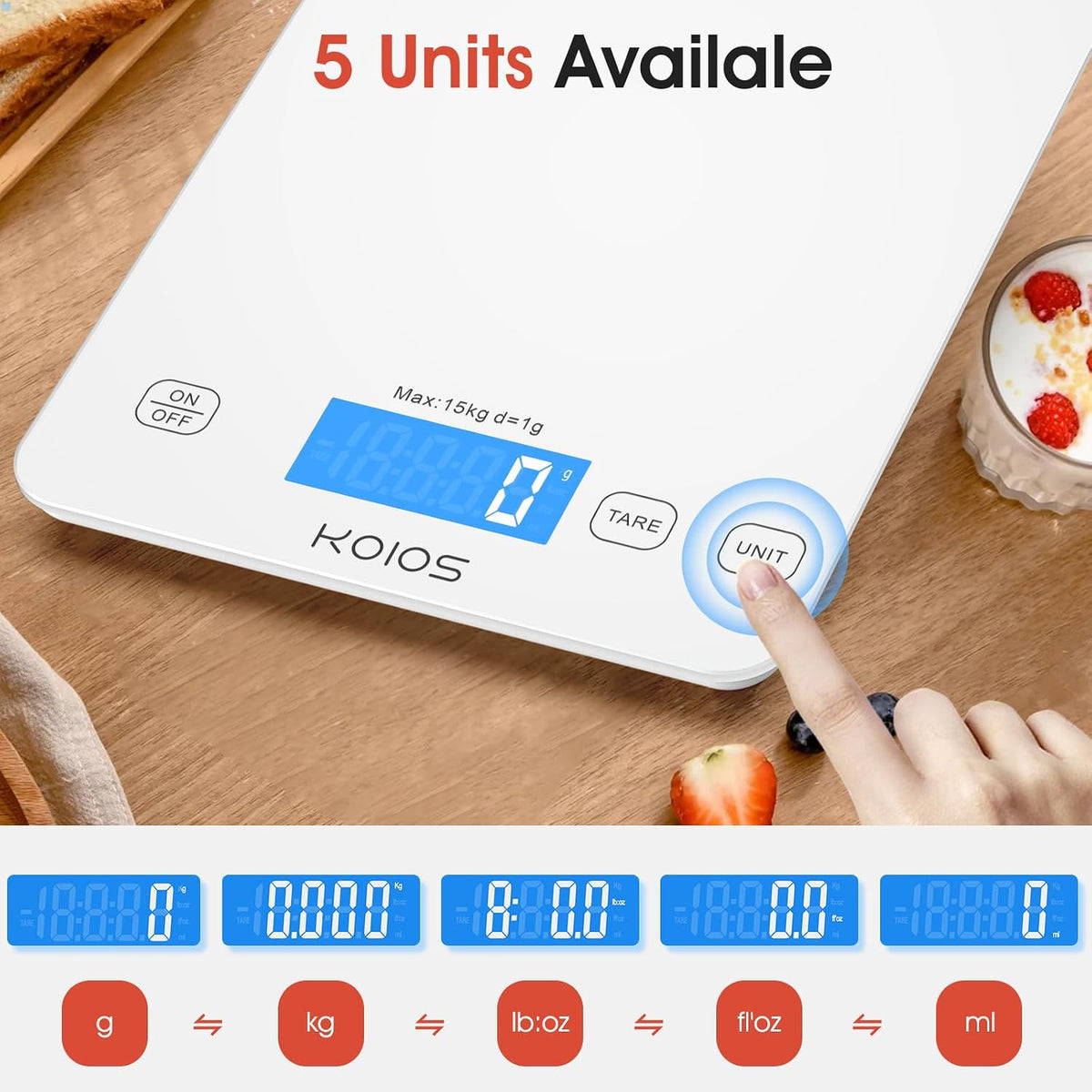 33lb Kitchen Scale 0.1oz Precision,Batteries &amp; Type-C Charging(White) | Compact Food Scale with 5 Units &amp; Tare Function, LCD Backlit Display, Easy to Clean, Ideal for Cooking Baking &amp; liquids