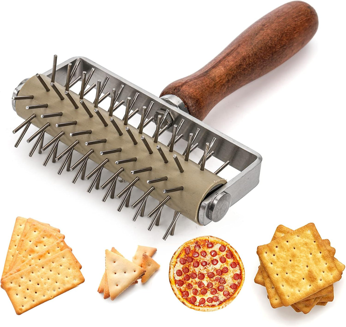Hiceeden Set of 2 Pizza Dough Roller & Dough Docker, Stainless Steel Dough Hole Maker Puncher Wooden Rolling Pin for Pizza,