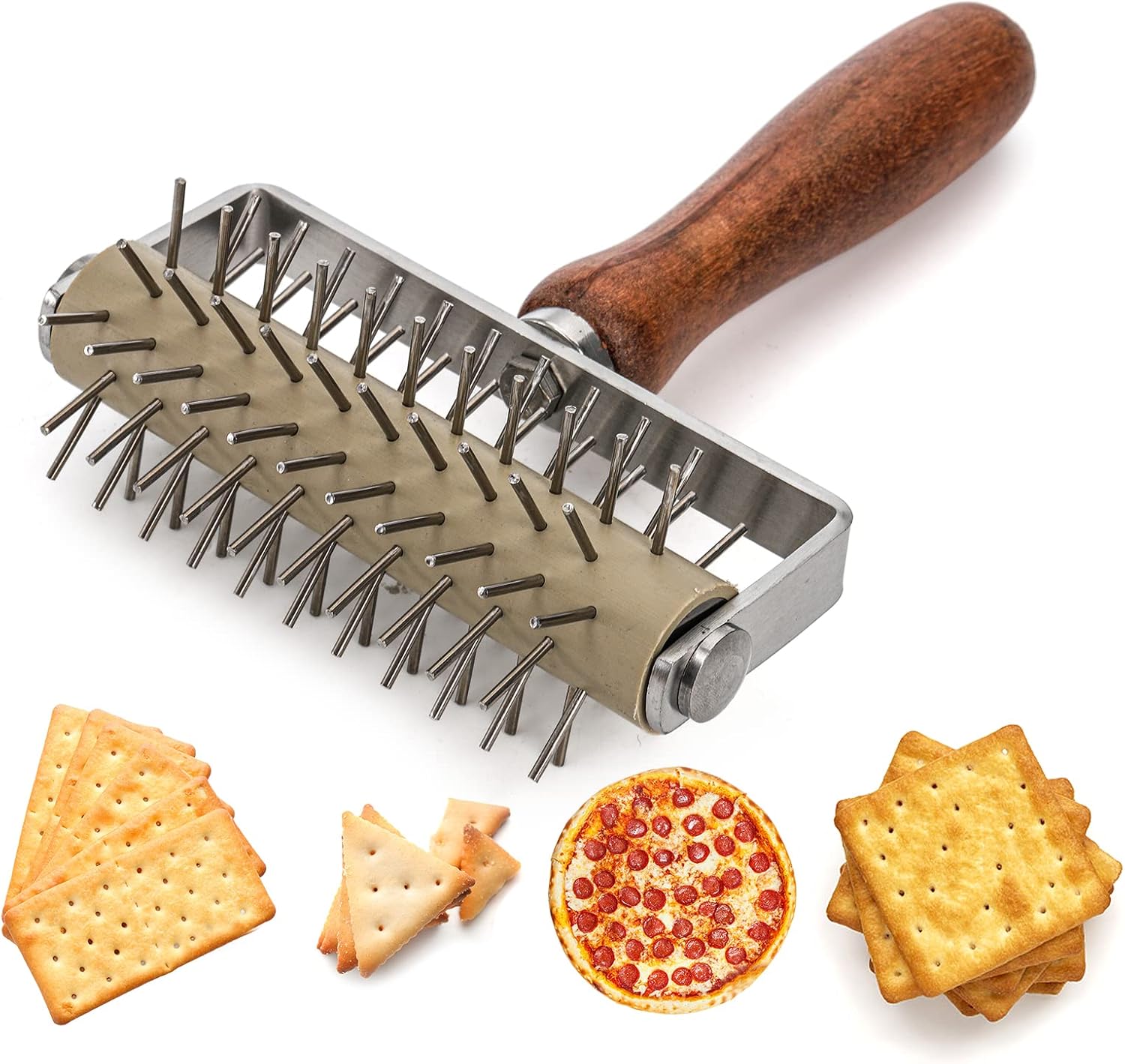 Hiceeden Set of 2 Pizza Dough Roller & Dough Docker, Stainless Steel Dough Hole Maker Puncher Wooden Rolling Pin for Pizza,