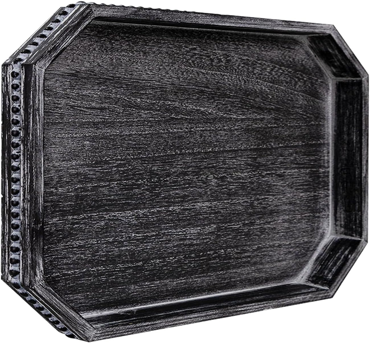 CedarLux Decorative Coffee Table Serving Tray, Long Octagonal Black Wood Tray with Wooden Bead, Farmhouse Big for Ottoman Table, Countertop, Home Decor, 16.5"x13"x1.6" (Retro Black)