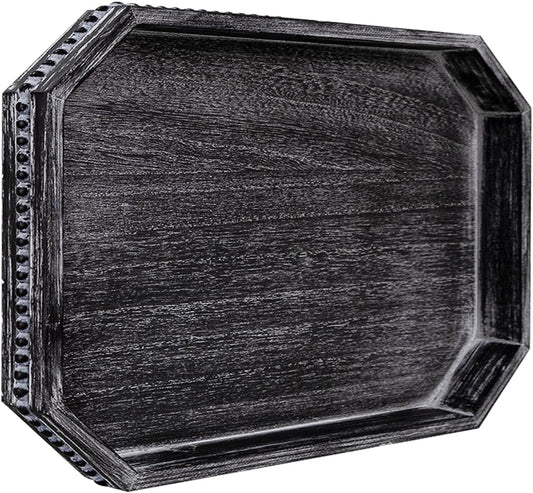 CedarLux Decorative Coffee Table Serving Tray, Long Octagonal Black Wood Tray with Wooden Bead, Farmhouse Big for Ottoman Table, Countertop, Home Decor, 16.5"x13"x1.6" (Retro Black)