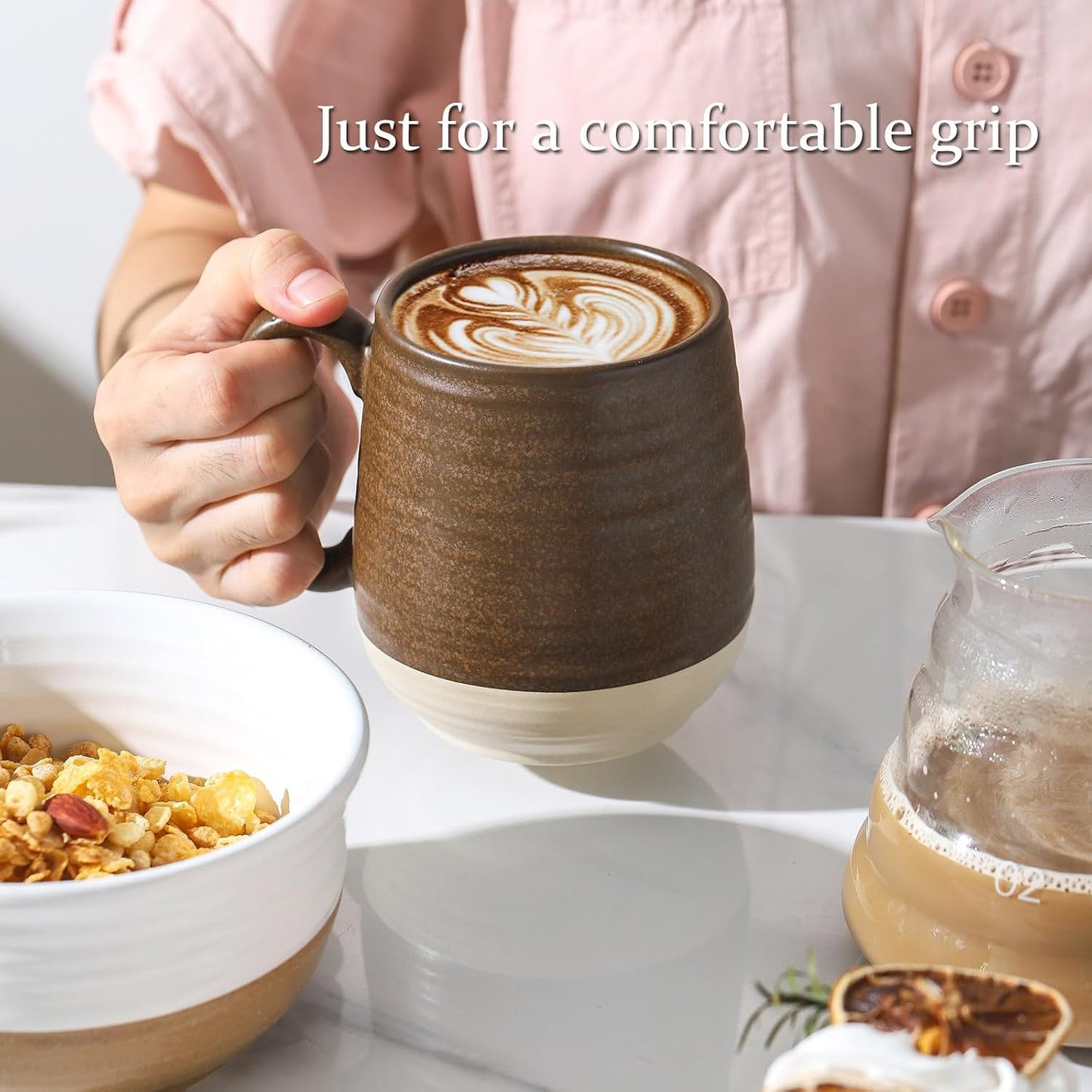 HASENSE Large Ceramic Coffee Mug, 20 Oz Beige Stoneware Cup with Comfortable Handle, Farmhouse Mug for Coffee, Tea &amp; Cocoa, Dishwasher &amp; Microwave Safe, Brown