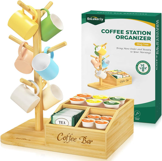 EsLuker.ly Mug Tree Holder Stand, Countertop Bamboo Coffee Cup Organizer Rack for Kitchen Office, Space-Saving Coffee