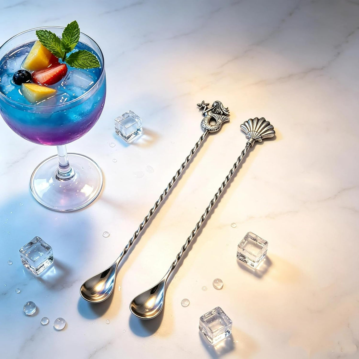 Homestia 12 Inch Bar Spoon, 2 Pcs Cocktail Spoon wIth Mermaid Shell Decor | Dirty Soda Bar Supplies, Stainless Steel Coffee Bar Use, Mixing &amp; Layering Drink Stirrer, Long Spoon for Bartending Stirring