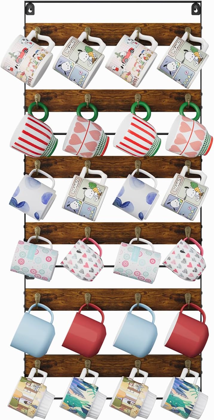 Huxitocan Wall Mount Coffee Mug Holder - Rustic Wood and Iron, Holds Up to 24 Mugs (3Pack) for Kitchen, Home, Coffee Bar