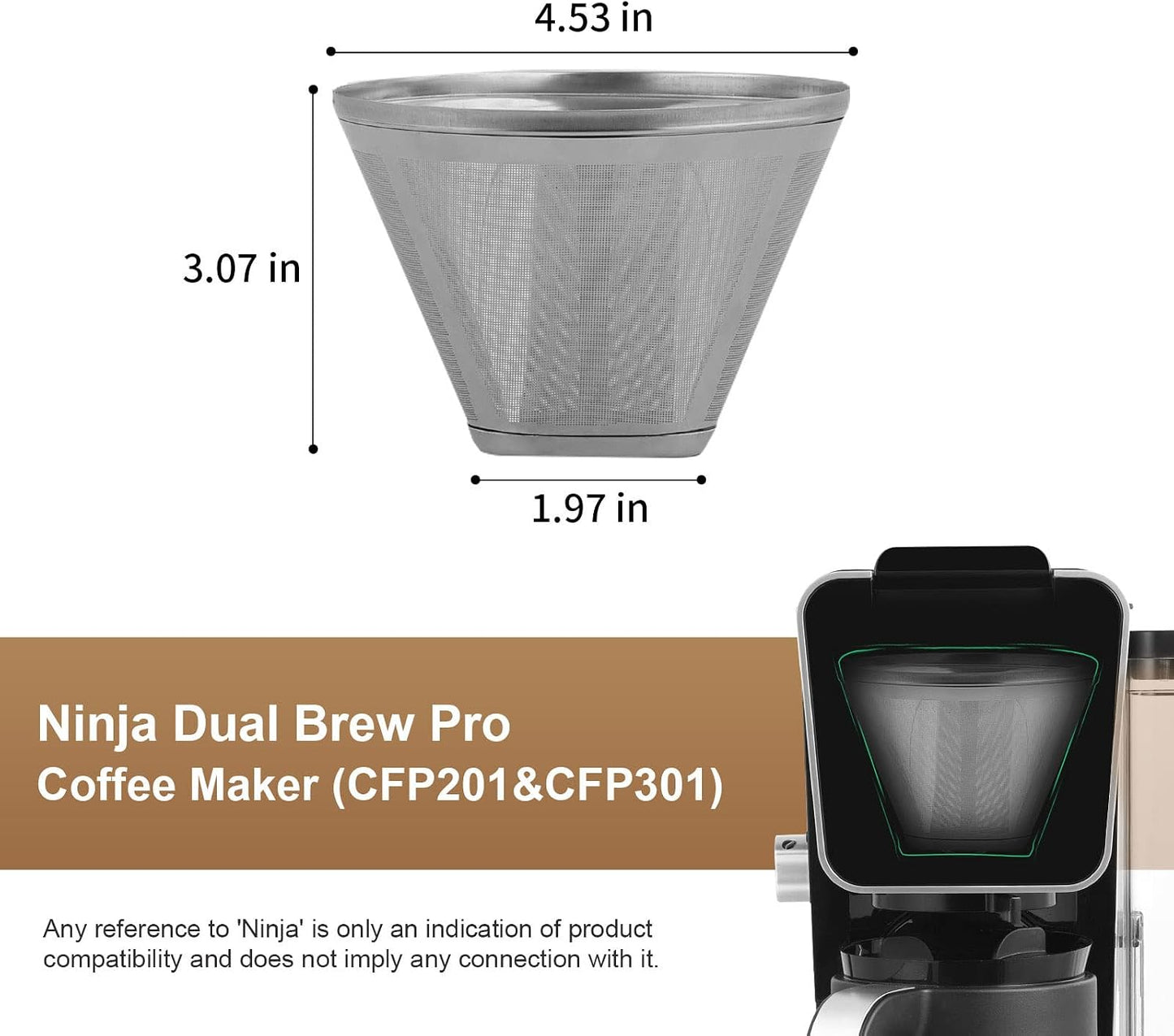Stainless Steel Permanent Coffee Filter for Ninja Dual Brew Coffee Maker | 2 Pack Reusable Metal Filters for Ninja Dual Brew CFP301, CFP307, CFP101, GP161, Easy-Clean, Sturdy for Ninja Coffee Makers