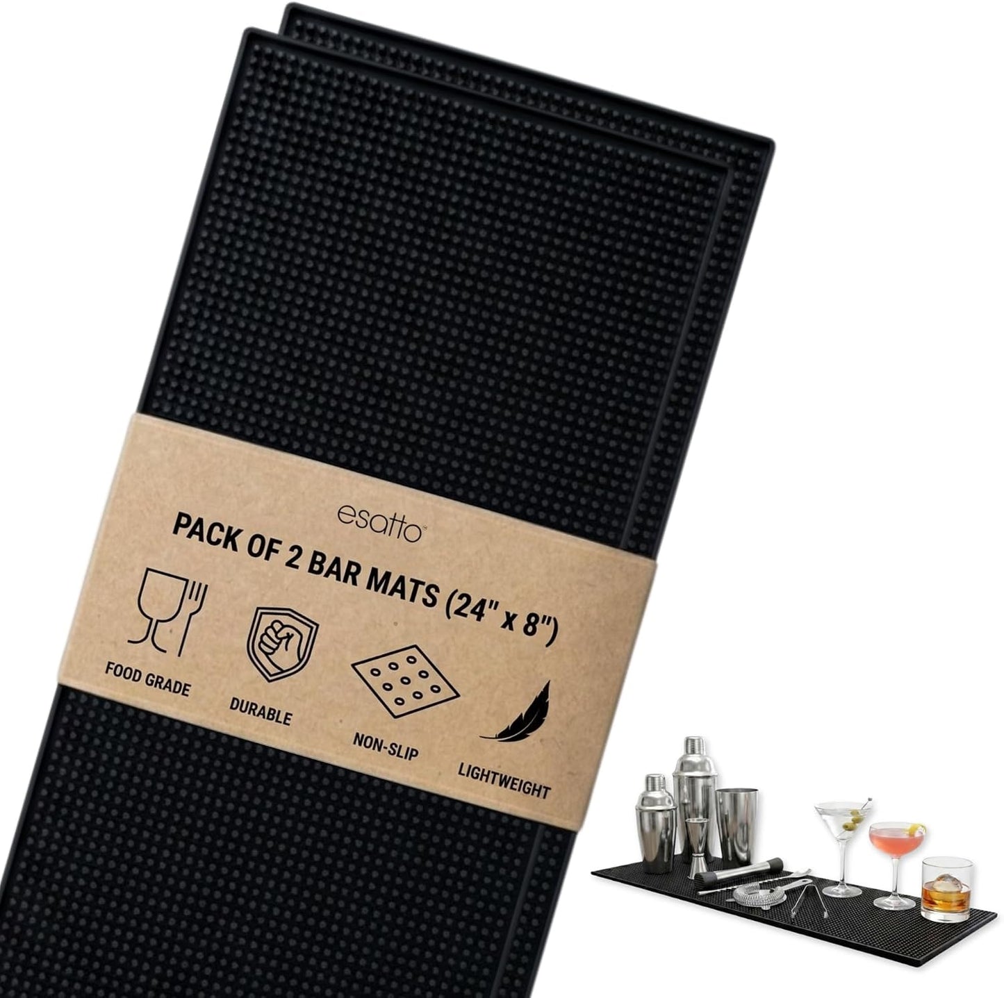Esatto 23.375” x 7.75” Double Width Professional Spill Bar Supply Mat Bartender Non-Slip Black Bar Mat Coffee Drinks Mixing Pad for Bars, Home, Kitchen, Restaurants (2 Pack, Black)
