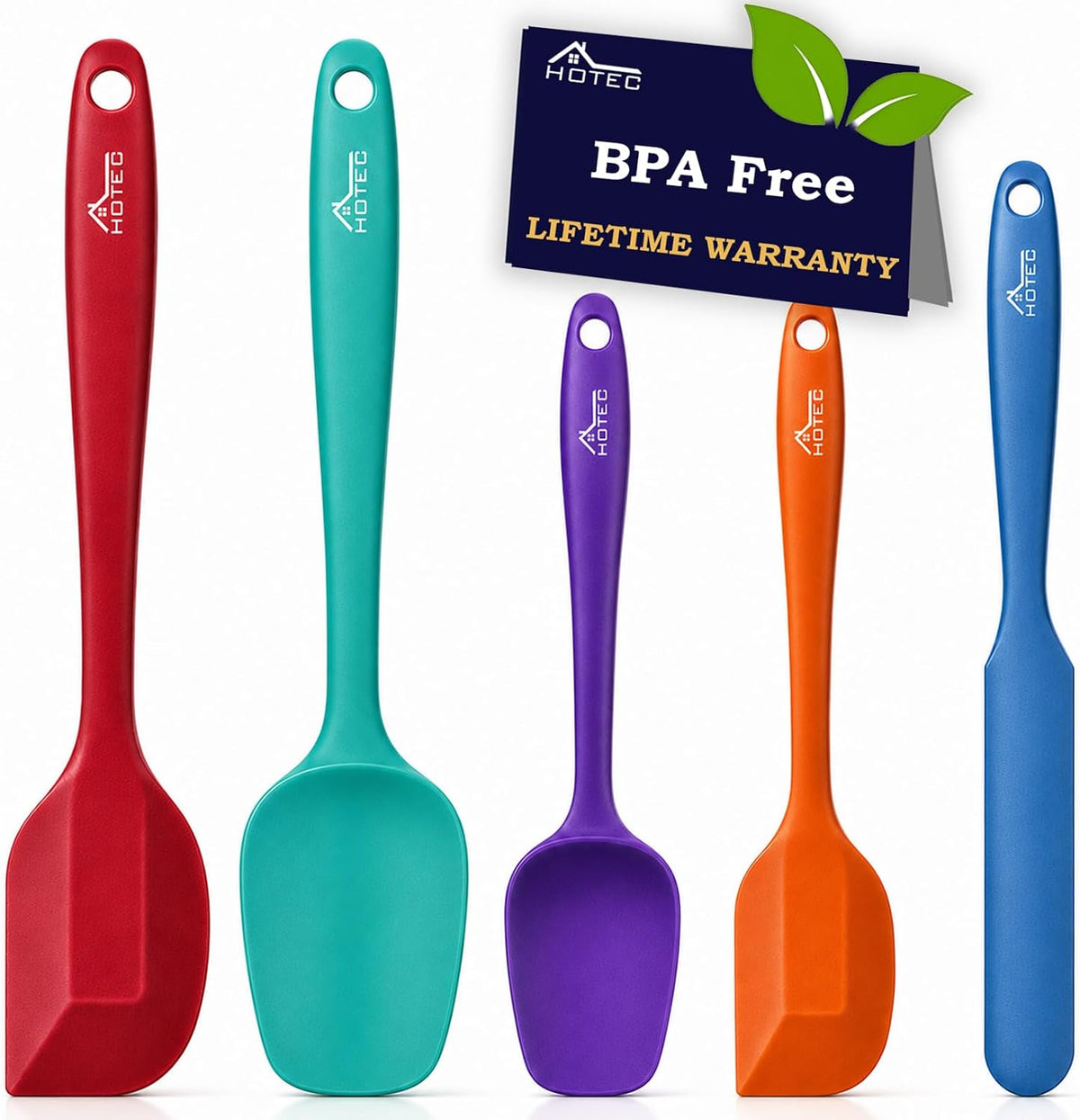 HOTEC 600℉ Heat Resistant Silicone Rubber Spatula Set,Multicolor, Set of 5