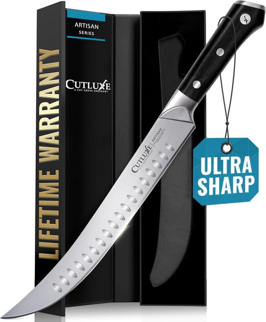 Cutluxe Butcher Knife – 10″ Cimeter Breaking Knife, Razor Sharp Forged High Carbon German Steel, Full Tang Meat Carving