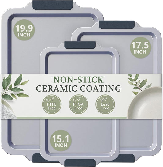 BRONYPRO Non Stick Ceramic Baking Sheet Pan Set of 3, Non Toxic Cookie Sheets (PFOA/PTFE Free), Aluminized Steel Oven Trays with Silicone Handles, Rust-Resistant, Warp-Resistant to 500°F, Blue Gray