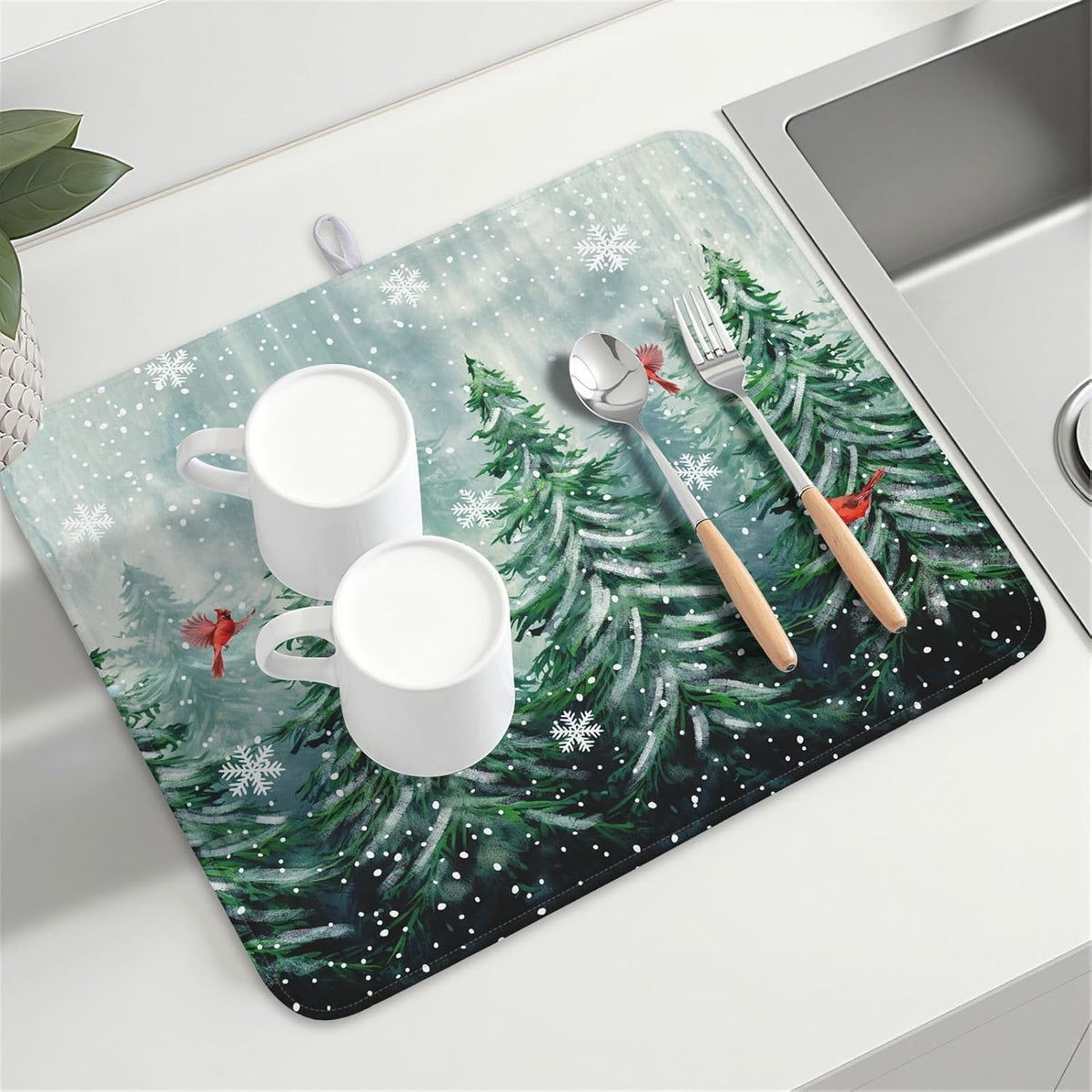 Winter Pines Tree Dish Drying Mats for Kitchen Counter, Christmas Tree Dish Mat Absorbent Reversible Microfiber Dish Drying Pad Winter Kitchen Drying Mat Dish Drainer Rack Mats for Coffee Bar 18"x24"