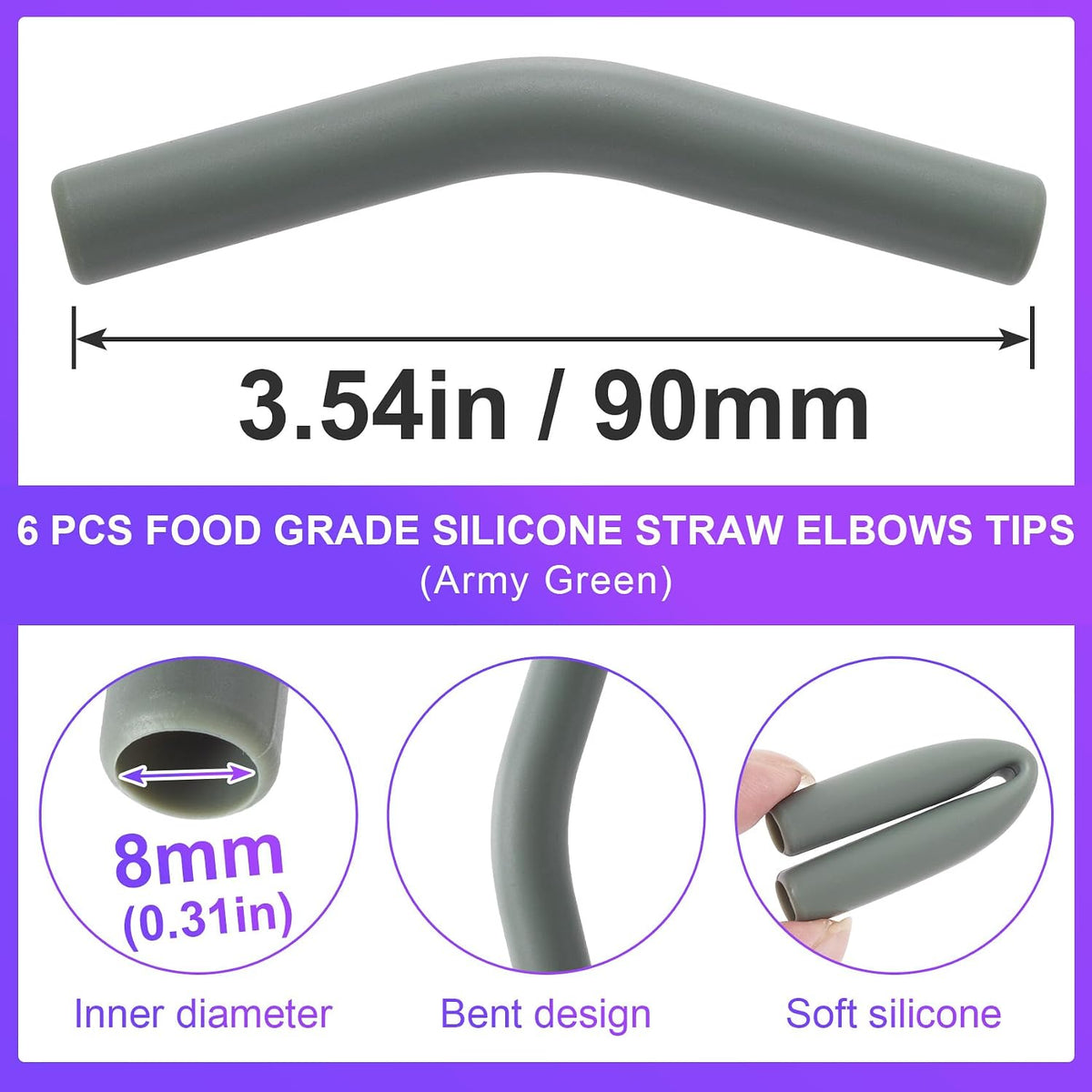HINZIC 6Pcs Metal Straw Silicone Tips 5/16 IN Wide, Army Green | Food Grade Rubber Straw Covers Flex Elbow Hydraflow Straw Replacement Tip for Stainless Steel Metal Straws