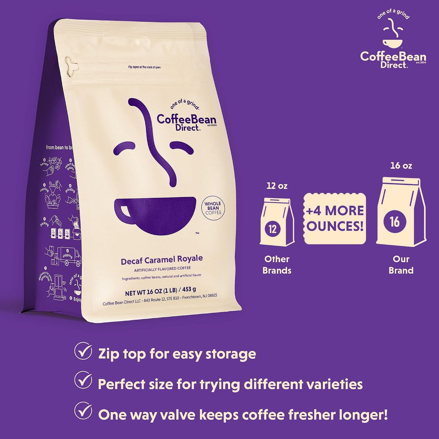 Coffee Bean Direct Decaf Caramel Royale Flavored, Whole Bean, 1lb Bag | Light Roast, Caramel Crème Flavored Coffee Beans