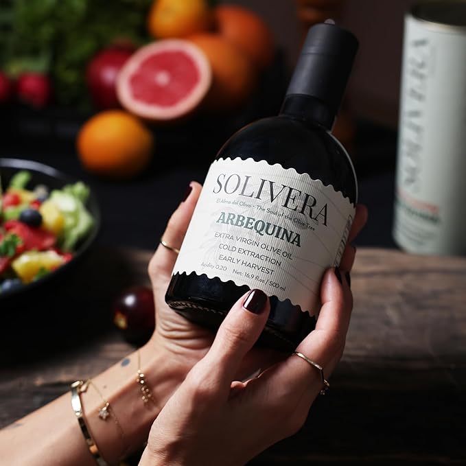 Solivera Arbequina Extra Virgin Olive Oil Cold Pressed, 300+ Polyphenols Rich, Single-Origin Organic Olive Oil, Delicately Fruity, Hand Picked Early Harvest - 16.8 fl. oz.