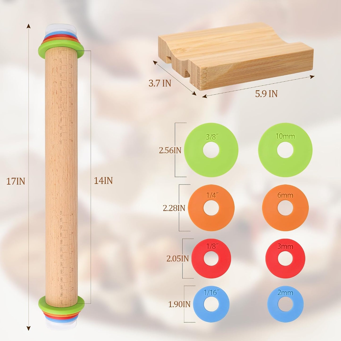 Adjustable Rolling Pin with Thickness Rings, 17 Inch Wood Roller