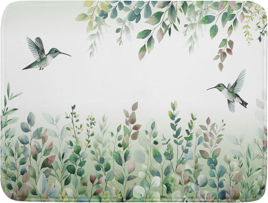 Giwawa Hummingbird Dish Drying Mat for Kitchen Countertop, Spring Summer Sage Green Eucalyptus Leaves Dish Drainer Mats,
