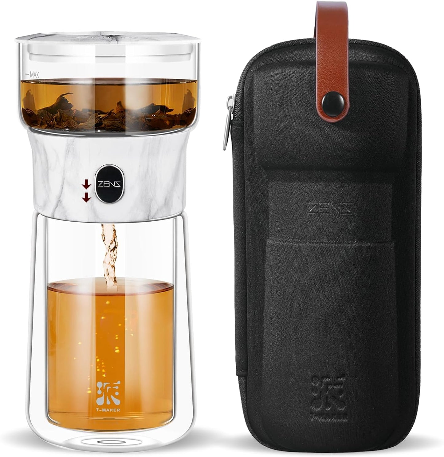 ZENS Modern One Touch Tea Maker, Glass Tea Infuser Pot for Loose Leaf Tea | Magic Teapot, Modern Tea Diffusers with 9oz Insulated Mug and Portable Bag for Tea Lovers Gifts, Marble