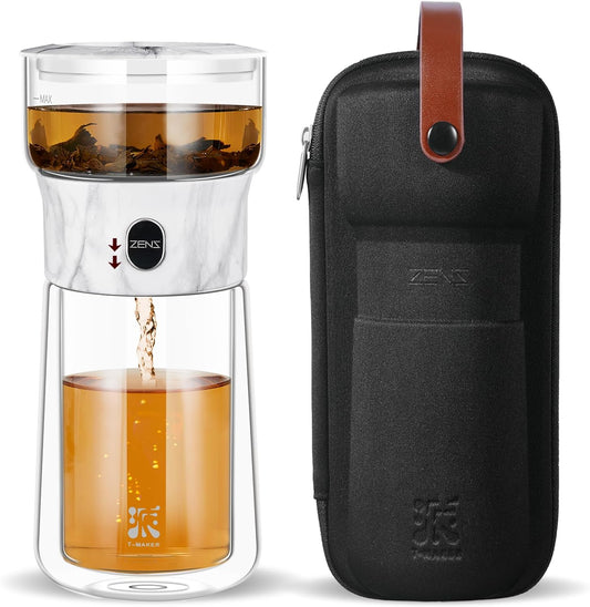 ZENS Modern One Touch Tea Maker, Glass Tea Infuser Pot for Loose Leaf Tea | Magic Teapot, Modern Tea Diffusers with 9oz Insulated Mug and Portable Bag for Tea Lovers Gifts, Marble