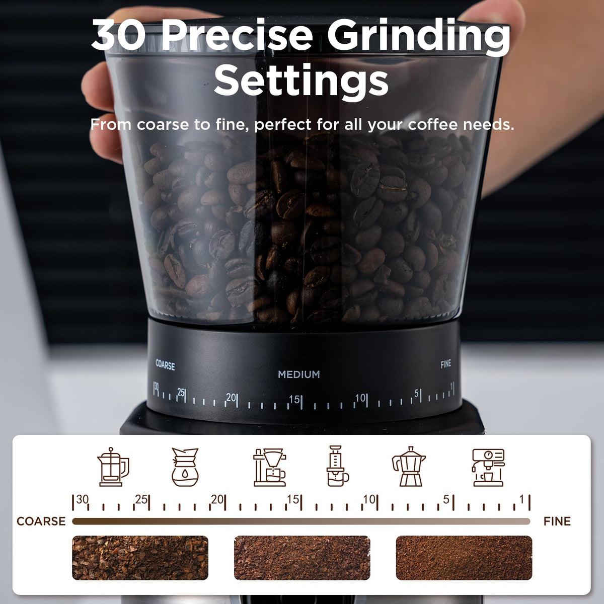 Ollygrin Burr Coffee Grinder, Electric Conical Coffee Bean Grinder With 30 Adjustable Grind Settings For 2-12 Cups, Sliv