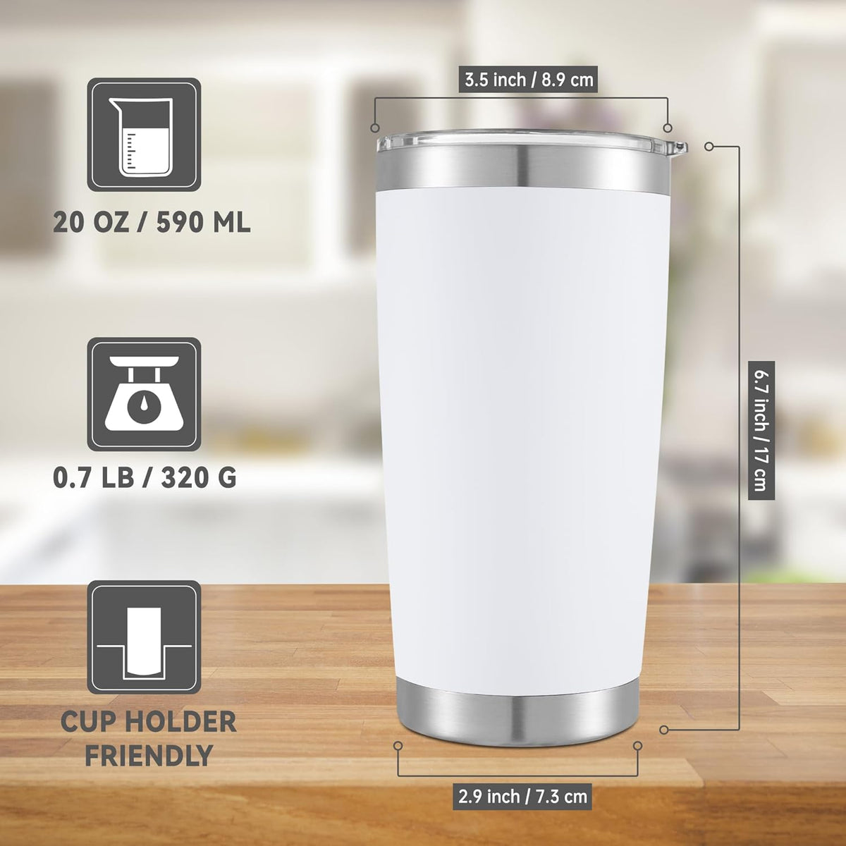 20 oz Tumbler Stainless Steel Tumblers with Lid Double Wall Vacuum Insulated Coffee Mug 20oz Powder Coated Cup for Hot and Cold Drinks, White, 1 pack