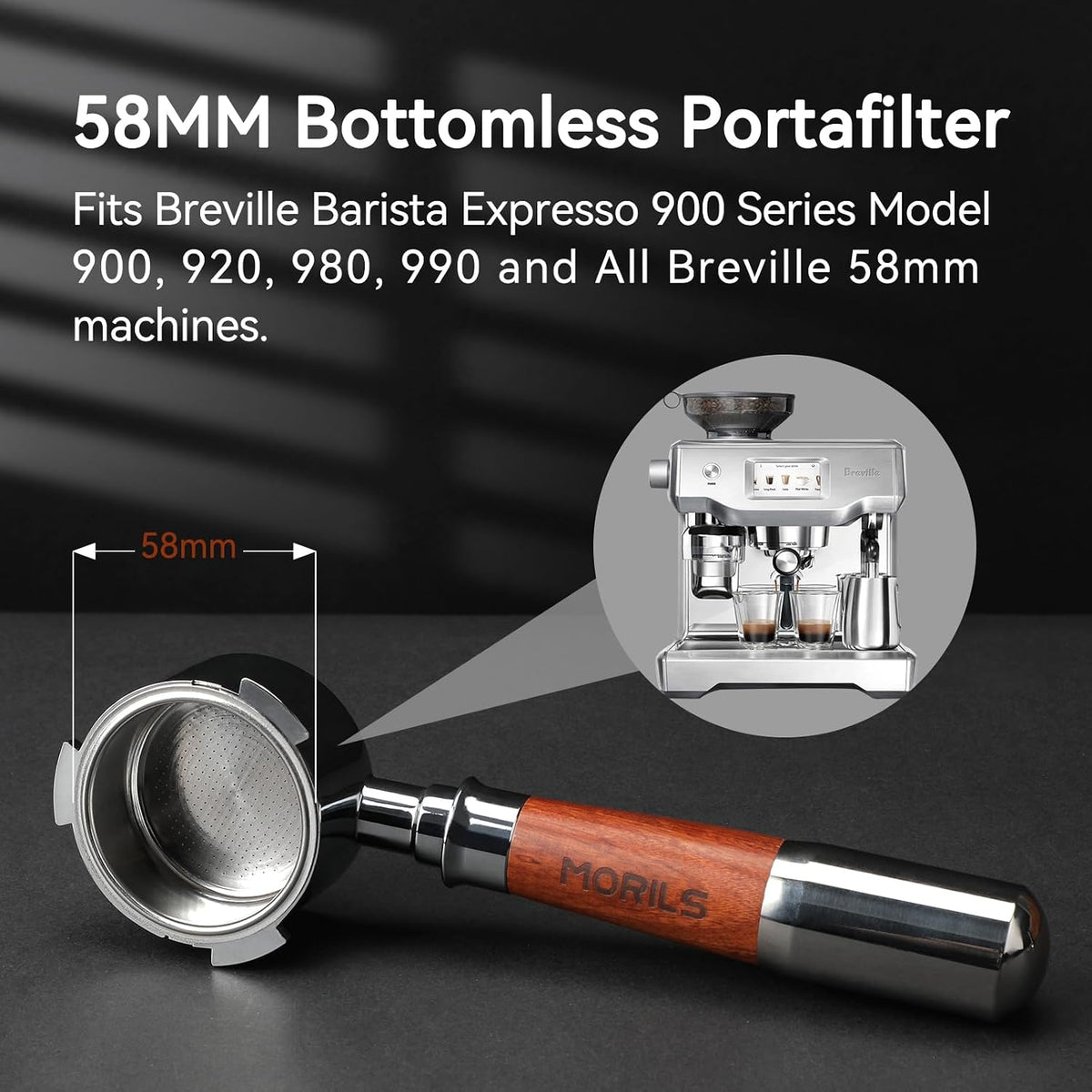 58mm Bottomless Portafilter with Double Shot Filter Basket &amp; Premium Walnutwood Handle, Portafilter Compatible with All Breville 58mm Machines, Espresso Accessories(Puck Screen)