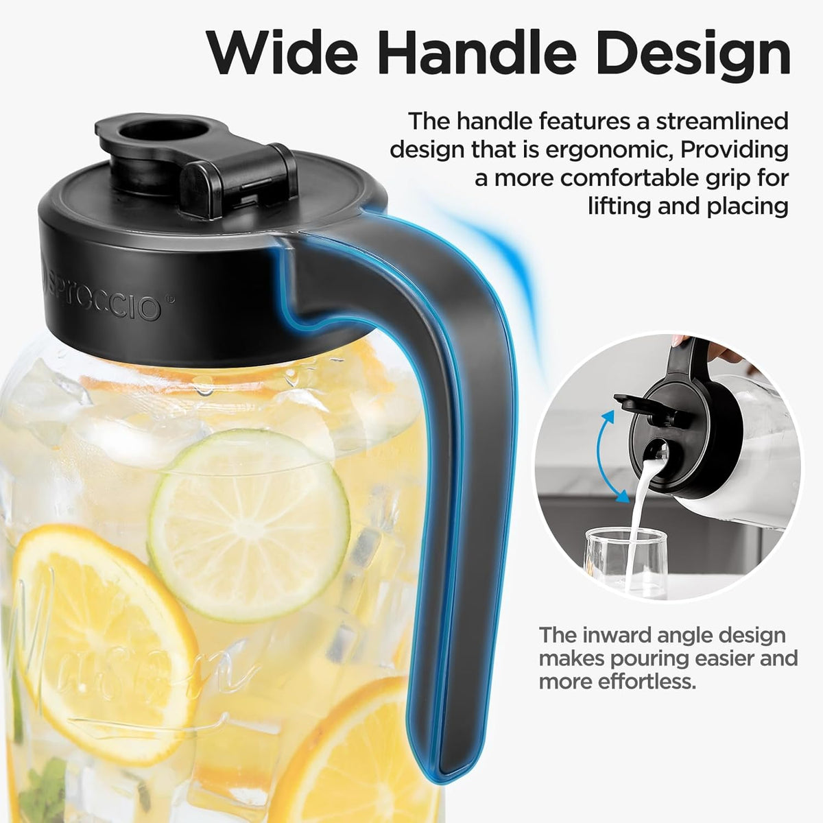 Mason Jar Pitcher, 64 oz (2 quart), Glass Pitcher with Lid | Airtight, Leak proof, Ergonomic Handle, Pour Spout Lid, Fridge Safe, for Sun Tea, Iced Tea, Cold Brew, Lemonade, Outside
