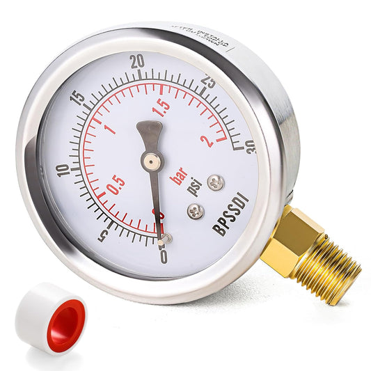 0-30 Psi Low Pressure Gauge, 2.5" Dial Size, 1/4" NPT Lower Mount, 304 Stainless Steel Case, Water Pressure Gauge Test for
