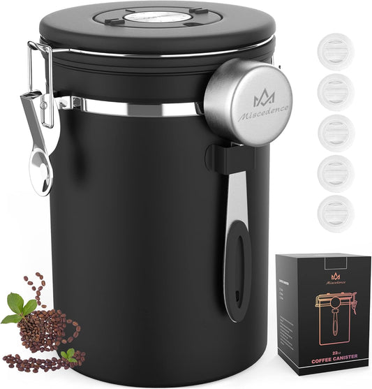 Coffee Canister with Scoop,Date Tracker 304 Stainless Steel Airtight Container One-Way CO2 Valve for Coffee