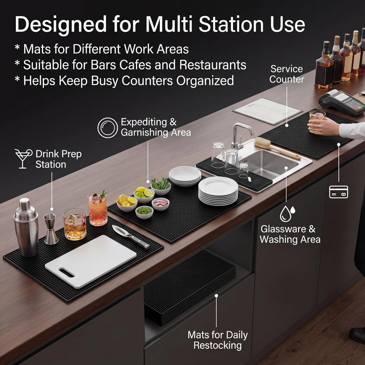 Tioncy 18 Pack Bar Mats, 18 x 12 Inch Black Countertop Service Liners