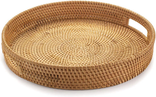 YANGQIHOME Rattan Round Serving Tray, Decorative Coffee Table Tray, Hand Woven Serving Basket with Handles, Ottoman Wicker