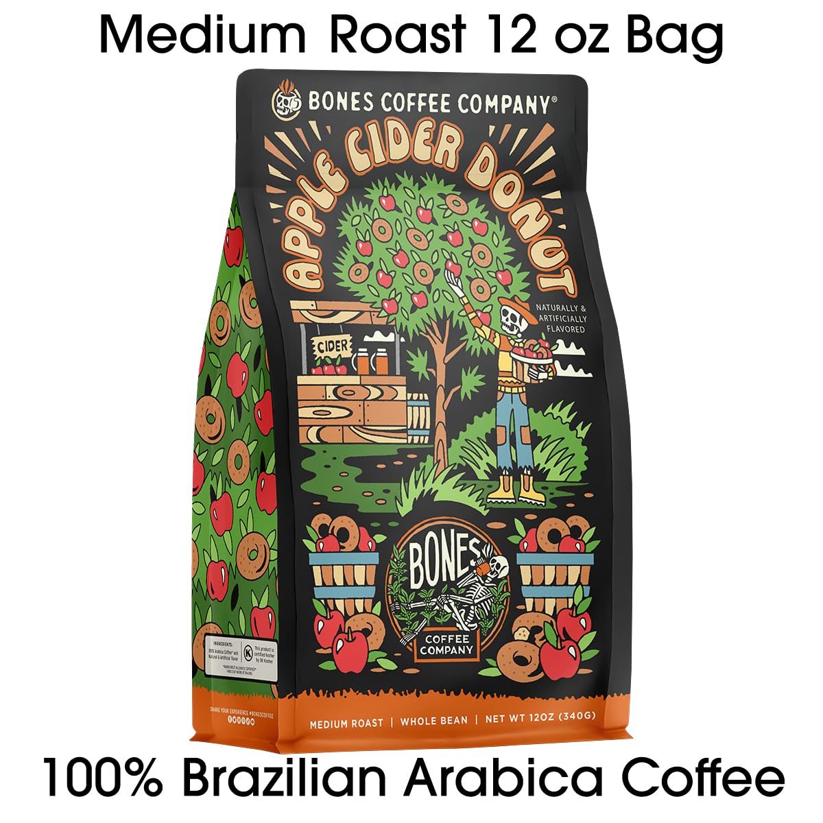 Bones Coffee Company Apple Cider Donut Flavored Coffee, Medium Roast Low Acid Arabica Beans Compatible with Auto drip and French Press Coffee Maker, 12 Oz Ground