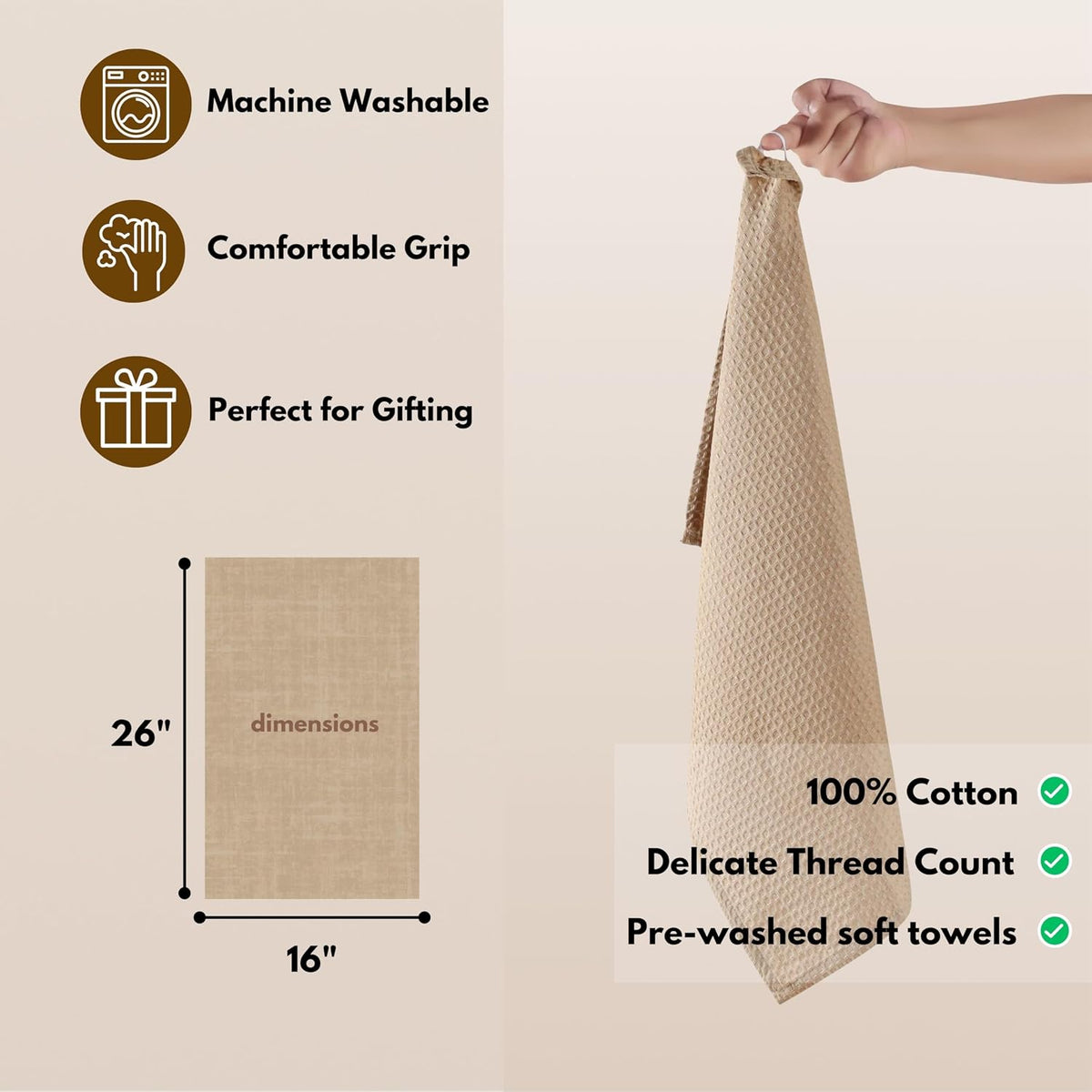 Native Fab Cotton Kitchen Towel with Hanging Loop 16x26 inches, 4-Pack, Waffle Weave Kitchen Towels for Cleaning Drying, Washcloths Soft &amp; Absorbent Cloth Rags, Bar Towel, Dish Cloth, Beige