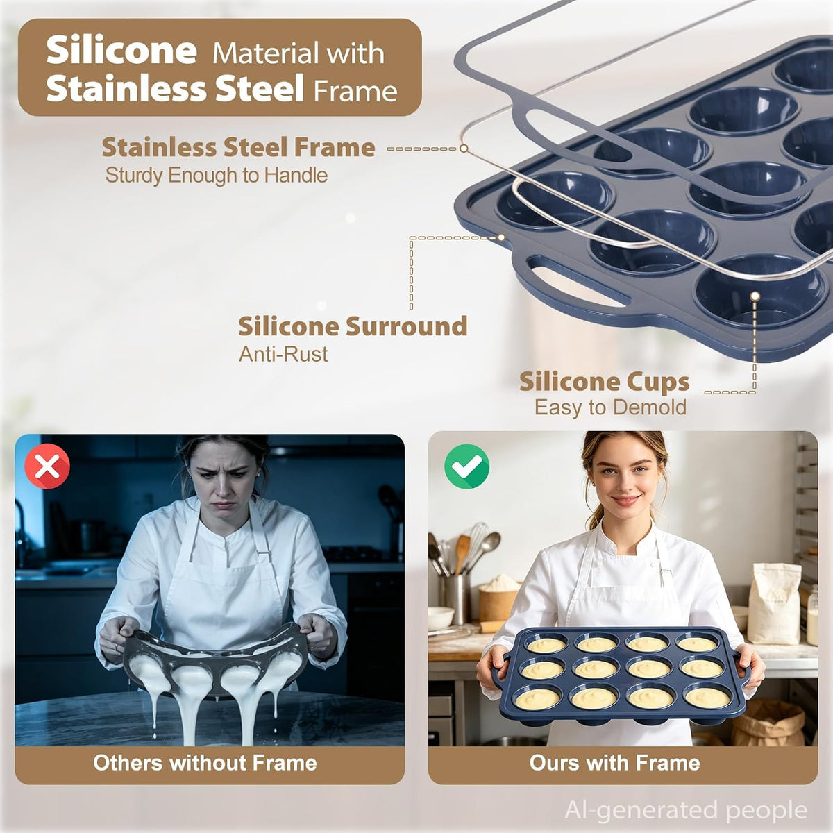 2 Pack Silicone Muffin Pan 12 &amp; 24 with Frame Non Stick Cupcake Baking Tin