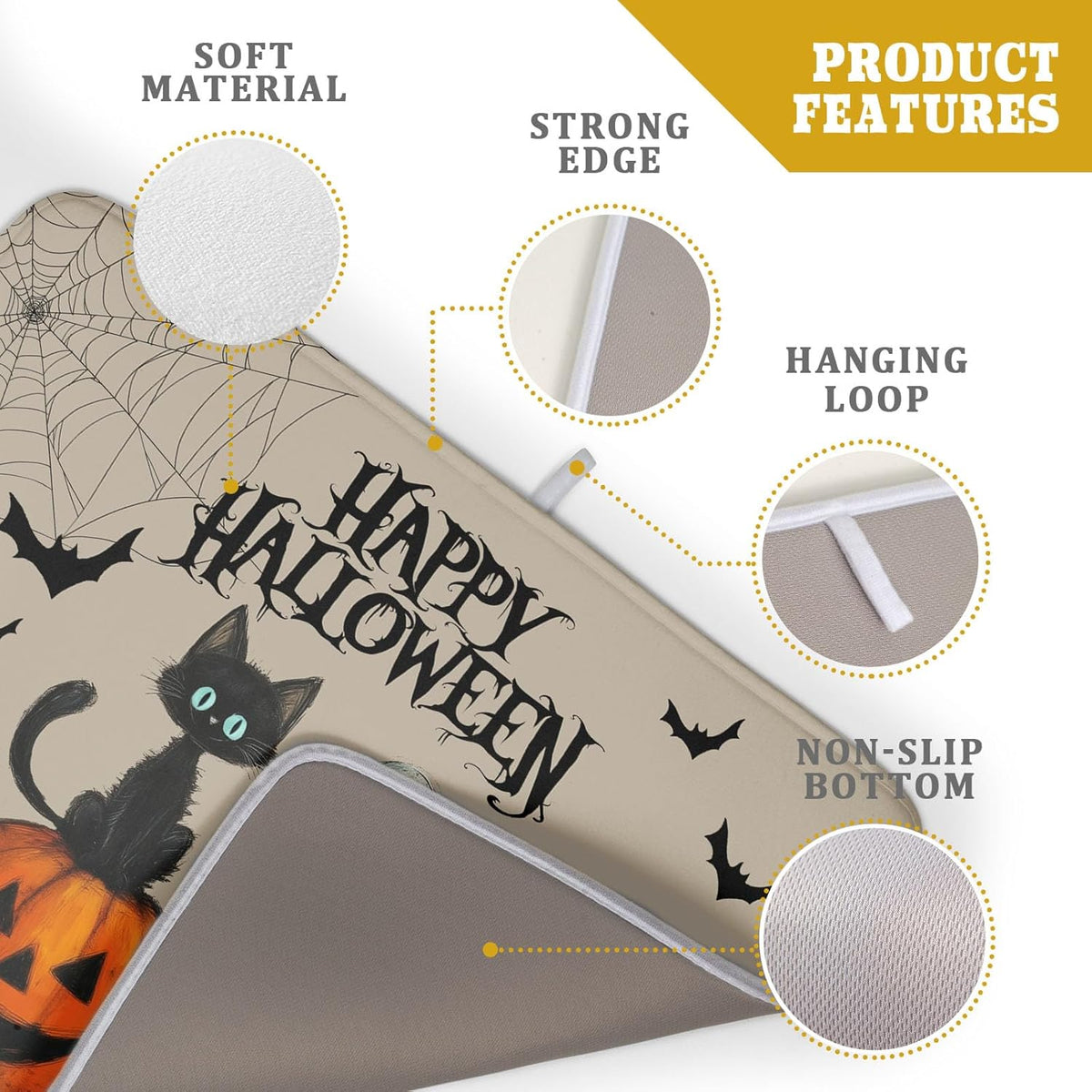 Happy Halloween Black Cat Ghost Dish Drying Mat for Kitchen Counter,Halloween Pumpkin Spiderweb Bat Drying Mat 18 x 24 Inch with High Absorbent Microfiber Drainer Mat for Coffee Bar