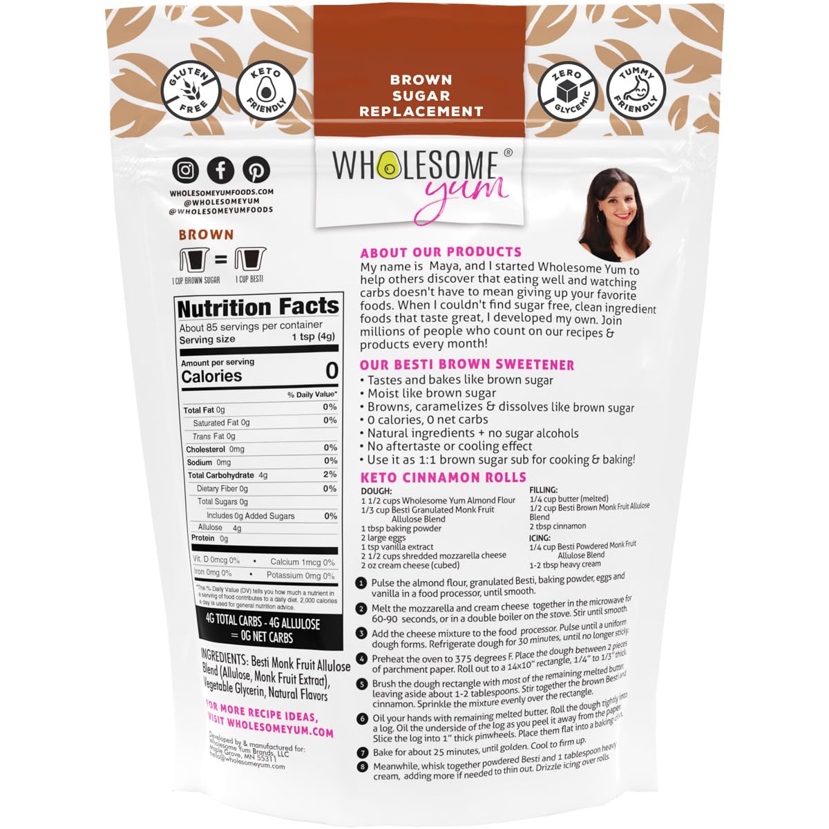 Wholesome Yum Besti Brown Sugar Substitute, Monk Fruit Allulose Sweetener | Keto Brown Allulose Blend. Moist, Sugar Free, Zero Calorie, 0 Carb, No Erythritol, Non GMO, Natural, No Aftertaste (12oz)